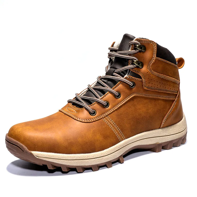 

Мужские теплые ботинки из натуральной кожи, коричневые непромокаемые рабочие ботильоны ручной работы с высоким берцем и мехом, обувь для сн...