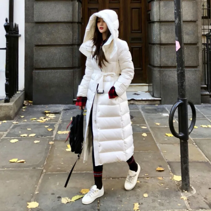90% белый пуховик на утином пуху 2019 женская зимняя куртка плотное длинное пальто
