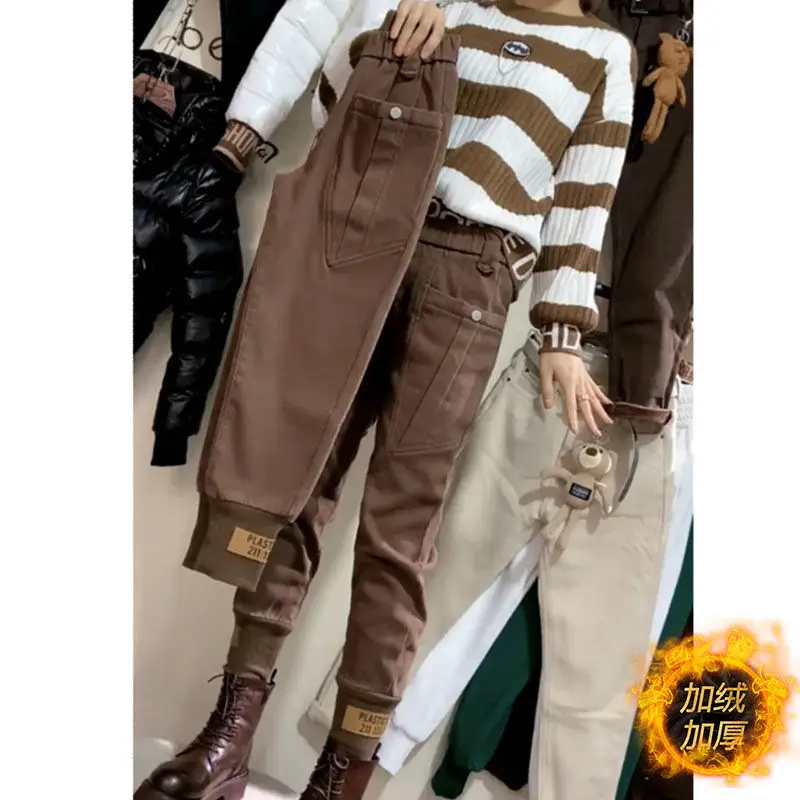 

Harem Pants Womens Autumn Winter Fleece Velvet Thick Warm Loose Casual Trousers Patchwork Sweatpants High Waist Ankle-banded