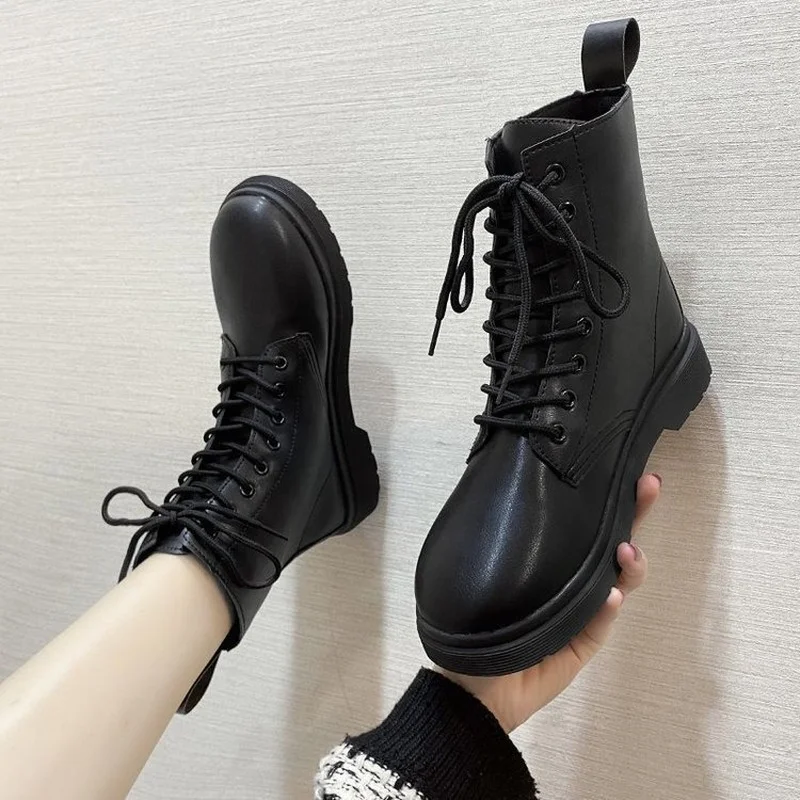 

Fashion Martin boots 2022 autumn and winter new style casual Korean flat-bottom lace-up slimming round head thin boots