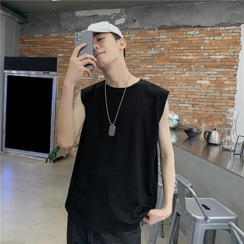 

Men Solid Color Breathable Sleeveless Round Neck T-shirt Sports Vest Tank Top
