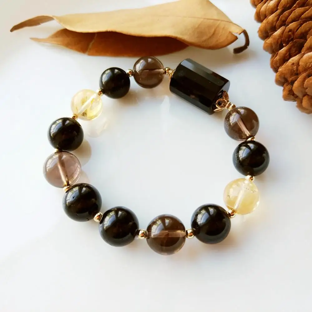 

Lii Ji Genuine Natural Stone Bracelet Citrine Black Agate Black Tourmaline 925 Sterling Silver 18K Gold Color Elastic Bracelet
