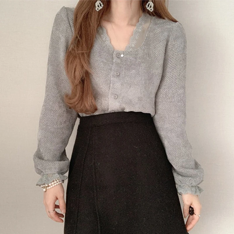 

White/Gray Lace Patchwork Blouse Women Vintage V-Neck Single Breasted Flare Long Sleeve Casual Shirt Female Korean Fashion Tops