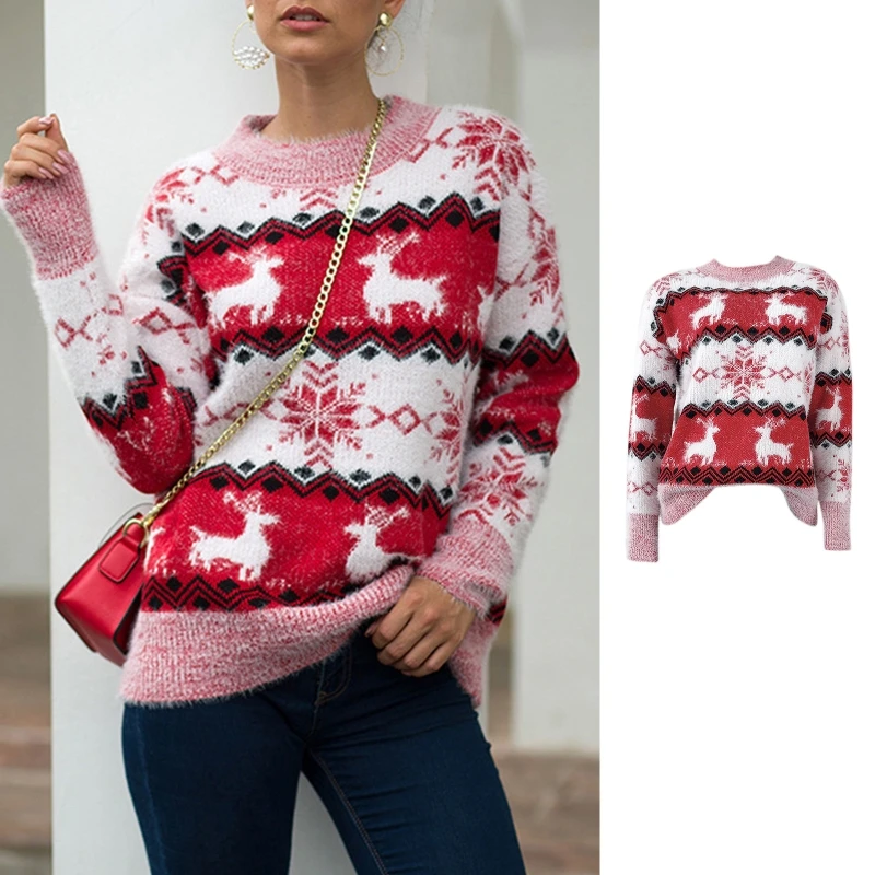 

Women Ugla Christmas Knitted Sweater Reindeer Snowflake Holiday Loose Jumper Top X7XC