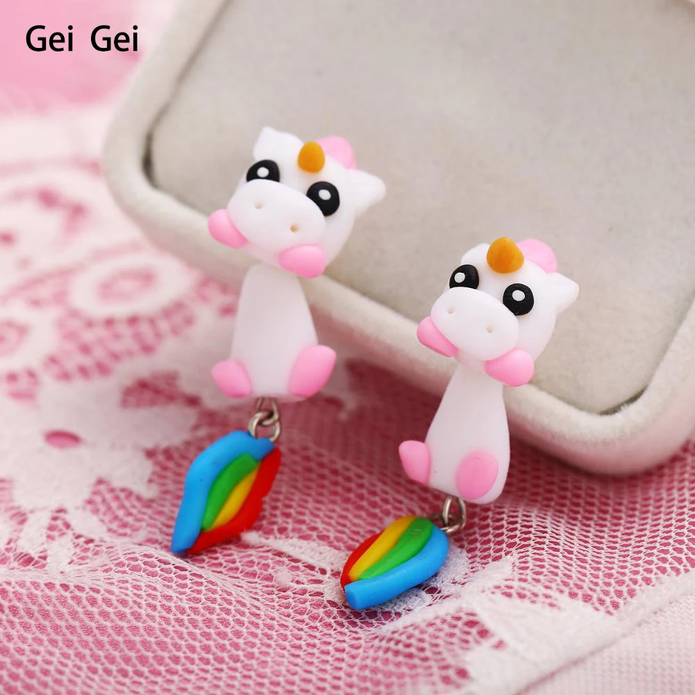 Мягкие серьги из полимерной глины милые в виде единорогов женские с животными