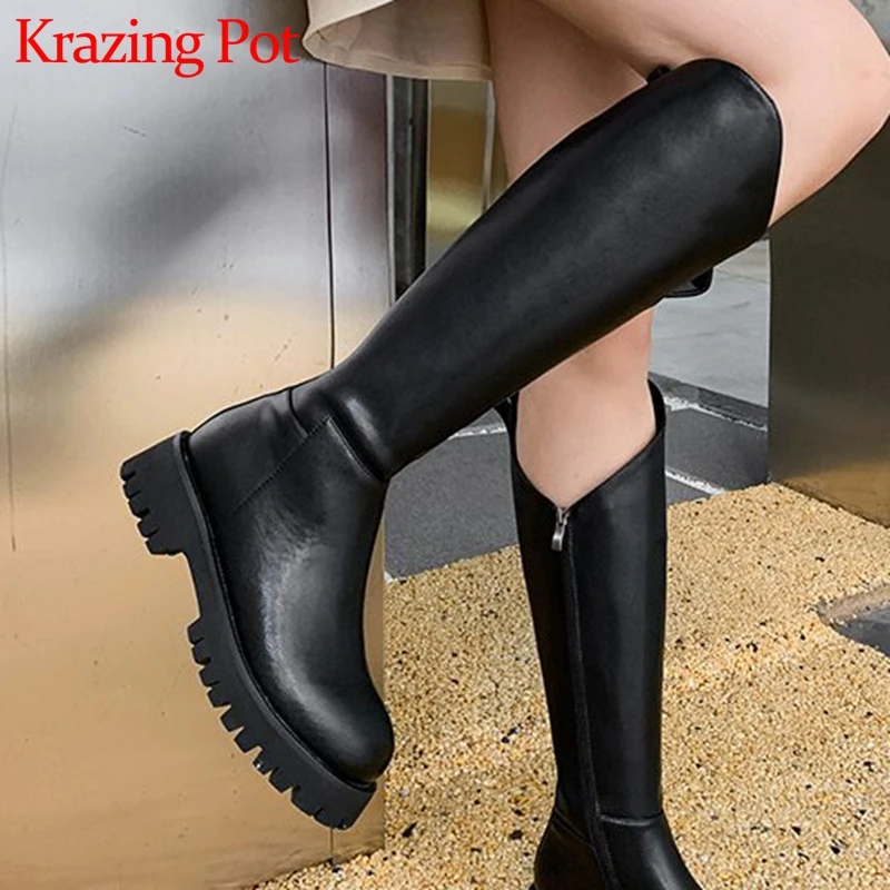 

Krazing Pot classic equestrian boots plus size 42 young lady round toe platform med heels cow split leather thigh high boots l13