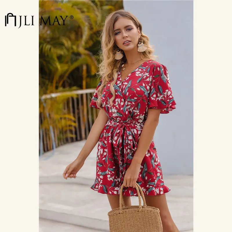 

JLI MAY Women Ruffles Playsuit Print V-neck Short Butterfly Sleeve Sashes Empire A-Line Hemline Slim Loose Playsuits