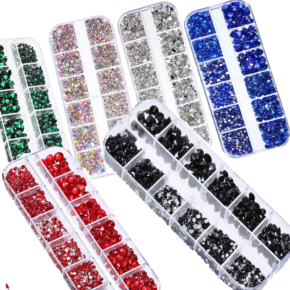

6-Color Nail Crystal Transparent Glass Rhinestone 3D Flat Bottom Size Mixed Size Fashion Dazzling Diamond Art decoration Wheel&