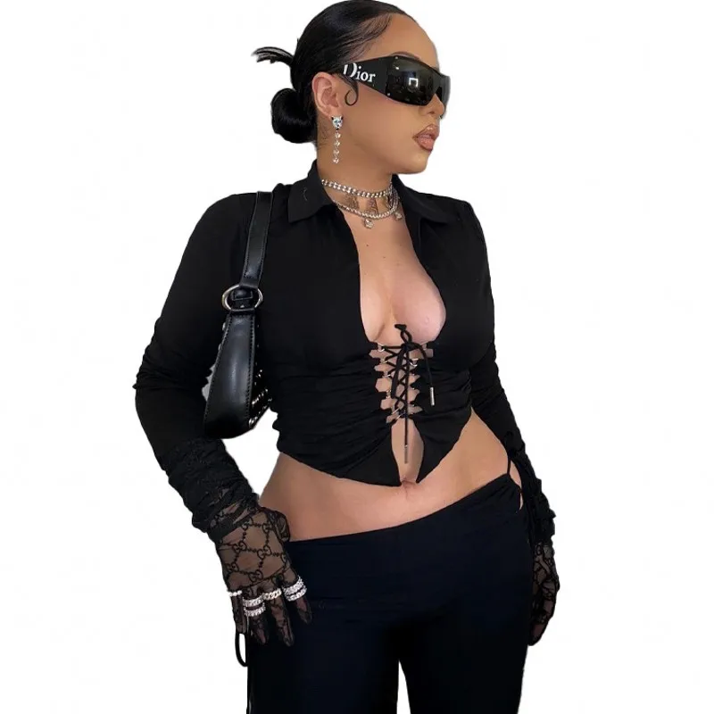 2021 Футболки с длинным рукавом женская рубашка на шнуровке Эластичные