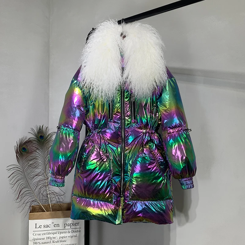 Женский пуховик с натуральным мехом Janveny водонепроницаемая блестящая