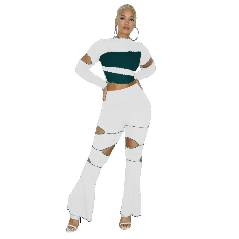 

Turtleneck Patchwork Hole Long Sleeves Shirt Tops & Flare Pants Bottoms New Autumn Women Suit Office lady 2 Piece Set