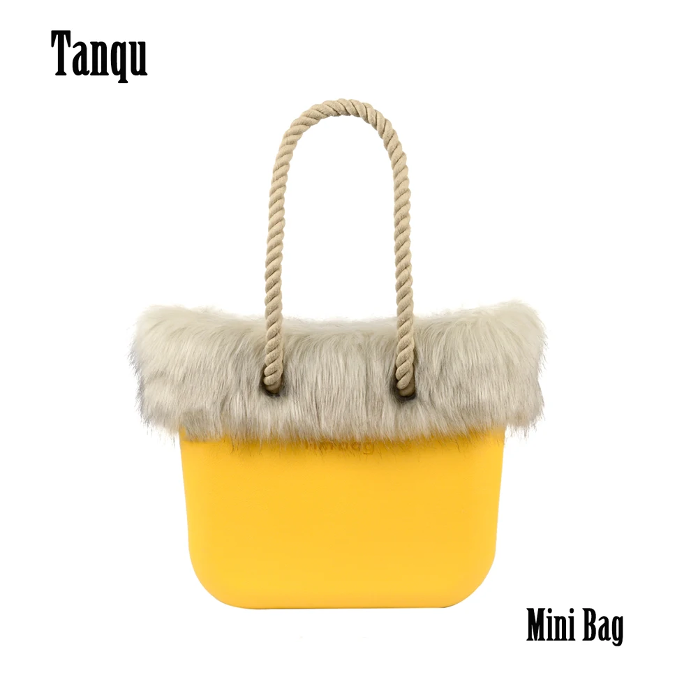 

New Winter Autumn Women Ambag Mini Bag Body with Beige Inner Faux Fox Fur Trim Long Rope Handles Obag O Style Totes Handbag