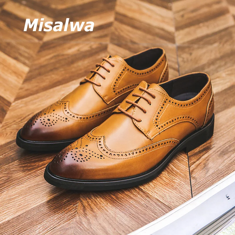 

Misalwa желтые формальные мужские туфли оксфорды полные Броги мужские классические туфли Британский Свадебный костюм обувь для офиса встреч обувь