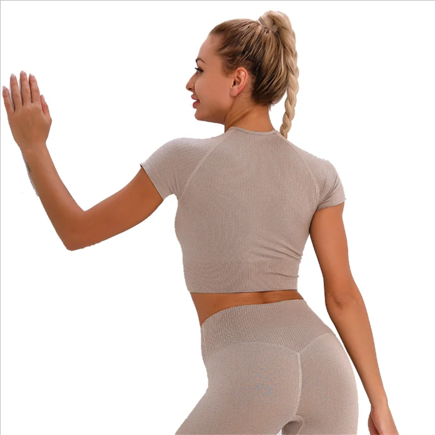 

New seamless knitted quick-drying sports fitness top short-sleeved women's professional training running tight yoga suit DS77