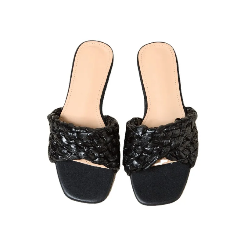 

2021 New Summer Crocheting Lafite Grass Square Toe Slippers Woman Flat Heels Summer Sandals Woman 42 Eur Size Summer Slippers