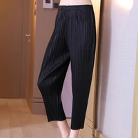 pants plus size for women 45 75kg 2021 summer new stretch miyake pleated solid color casual elastic waist ankle length pant