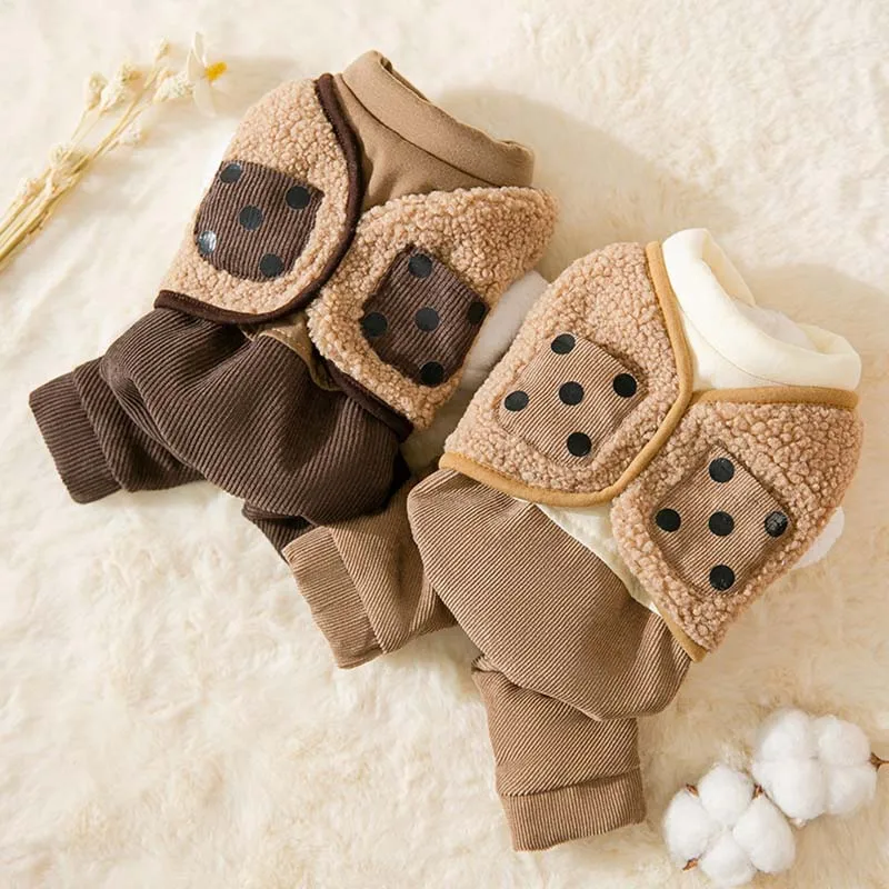 

Autumn and winter dog clothes winter warm corduroy pocket fake two four-legged cotton clothes pet clothing