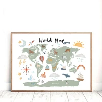 woodland animal world map poster art prints nursery decor watercolour map with animals canvas painting for kids room wall art