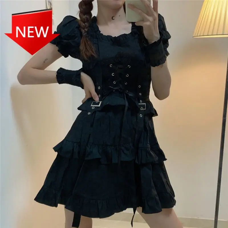 

Cute Ruffle Bandage Black Mini Dress 2021 Emo Clothes Summer Women's Gothic Lolita Dress Gothic Punk Mall Goth Kawaii