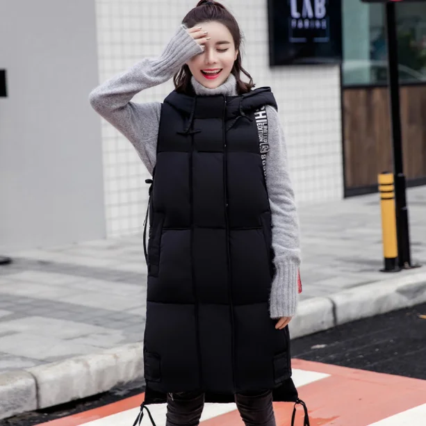 Женский жилет с капюшоном длинный теплый без рукавов размера плюс 5XL DA74 для осени