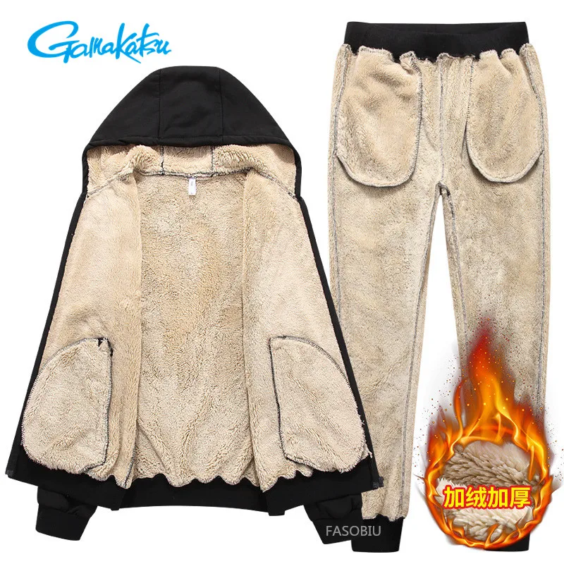 

Winter Gamakatsu Fishing Clothes Outdoor Men's Plus Velvet Warm Fishing Suit Sports Solid Color Leisure Fishing Sweater Suit