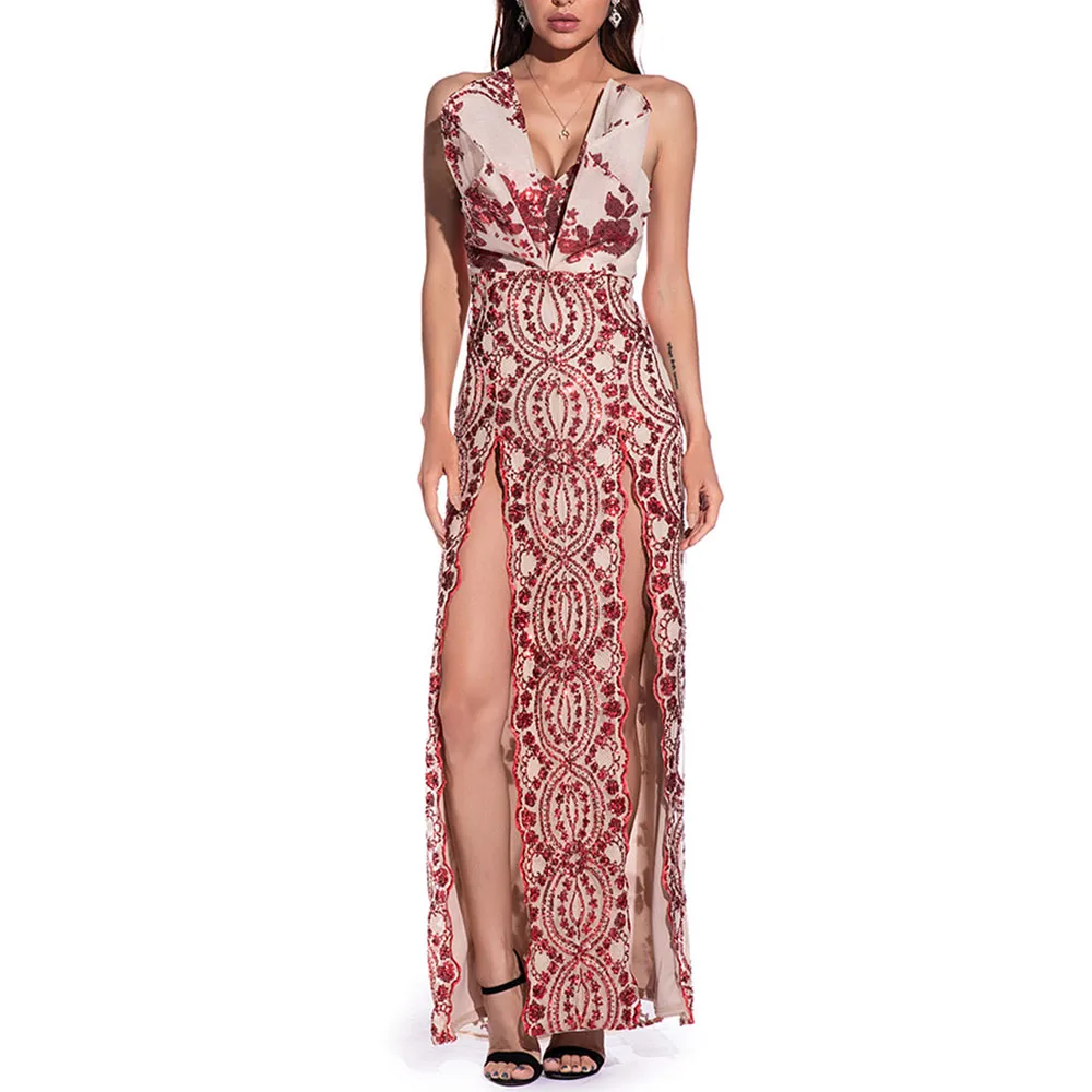 

Fashion Temperament Party Dress Sexy Sequins Thin Elegant Designer Backless High Waist Split Fork 2021 Summer