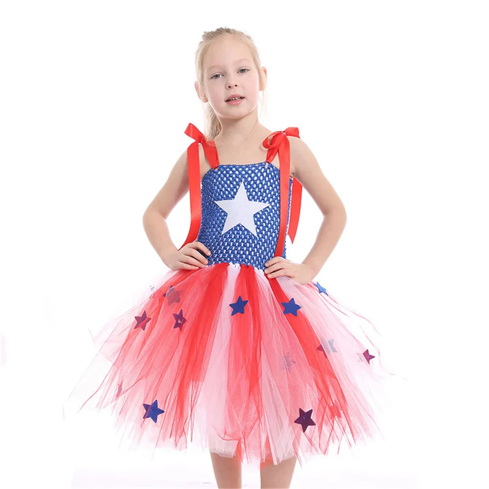 Девушка Капитан Америка Хэллоуин костюм фантазии платье супер дети партии