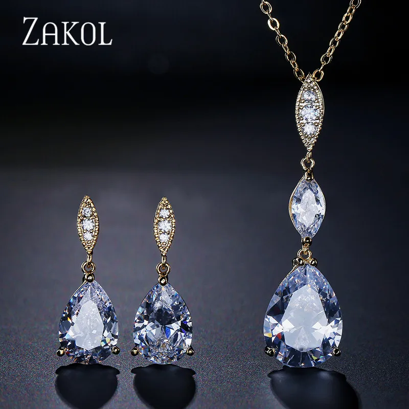 Комплект из серег и подвески с фианитами в виде капли воды|necklace set|brand necklace setnecklace