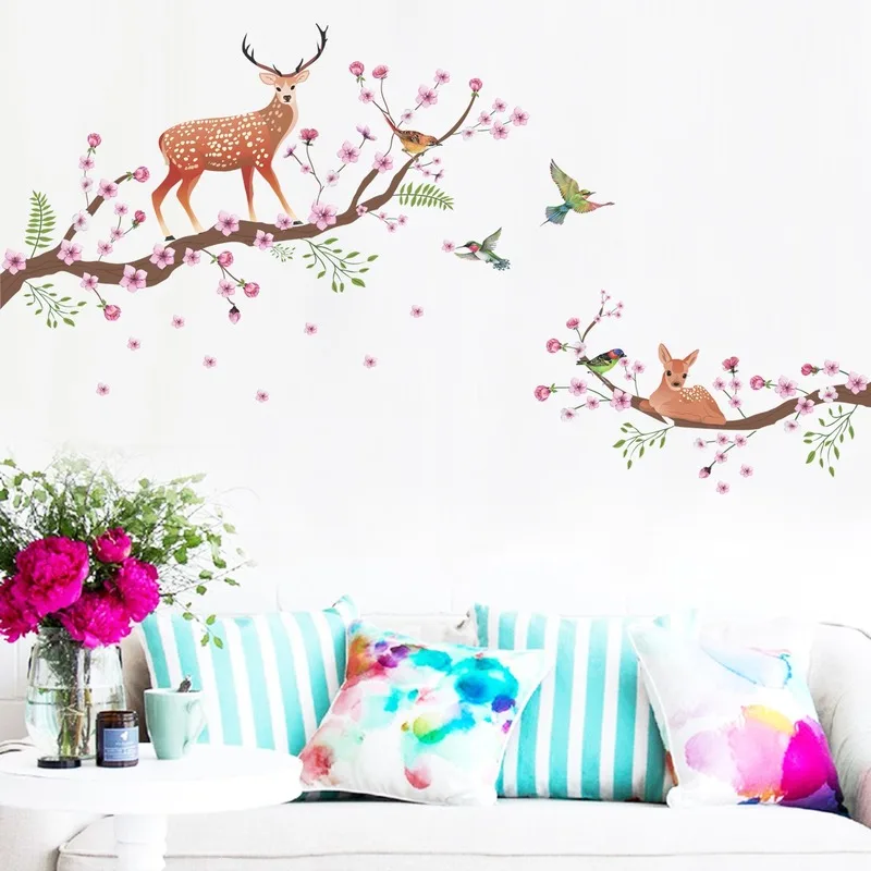 

Nordic стикер на стену в виде оленя винил Плёнки из цветков персикового дерева украшения Дети Спальня Гостиная домашний декор детские наклейк...