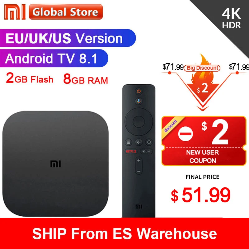 Оригинальный Глобальный ТВ бокс Xiaomi Mi S 4K HDR Android TV 8 1 Ultra HD 2G 8G WIFI Google Cast Netflix IPTV