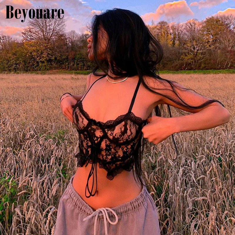

Beyouare Women Sexy Lace Camis Crop Top Summer Transparent Bandage Backless Skinny Patchwork Tank 2021 Elegant Vintage Vest Top