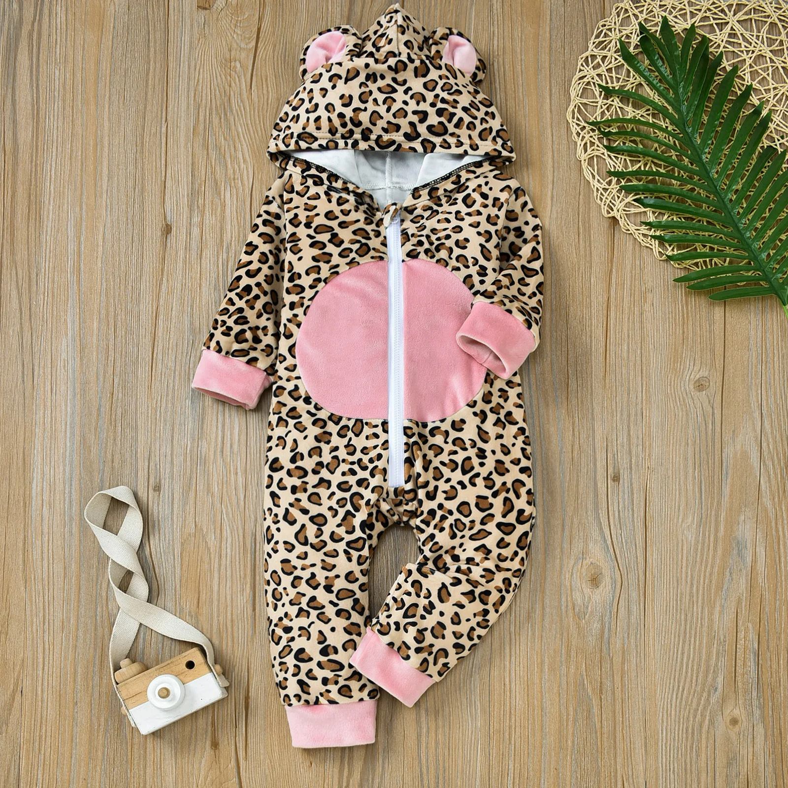 

Autumn Baby Girls Boys Cartoon Rompers Newborns Infant Unisex Creative Leopard Print Long Sleeve Zipper Fluffy Hoodies Jumpsuit