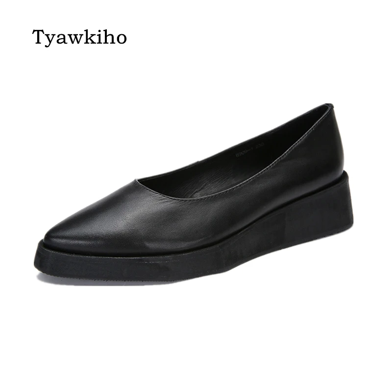 Tyawkiho/женские туфли-лодочки из натуральной кожи; туфли с острым носком на низком каблуке; черные туфли без застежки; женские туфли-лодочки в стиле ретро; женские туфли на танкетке ручной работы