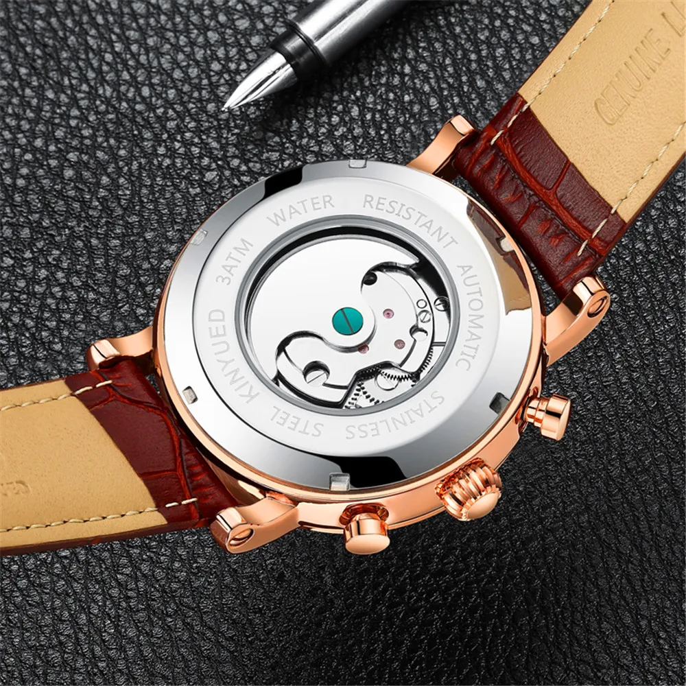 KINYUED Leather Diamond Display Mechanical Watch Mens Watches Top Brand Luxury Automatic Tourbillion Calendar Moon Phase | Наручные часы