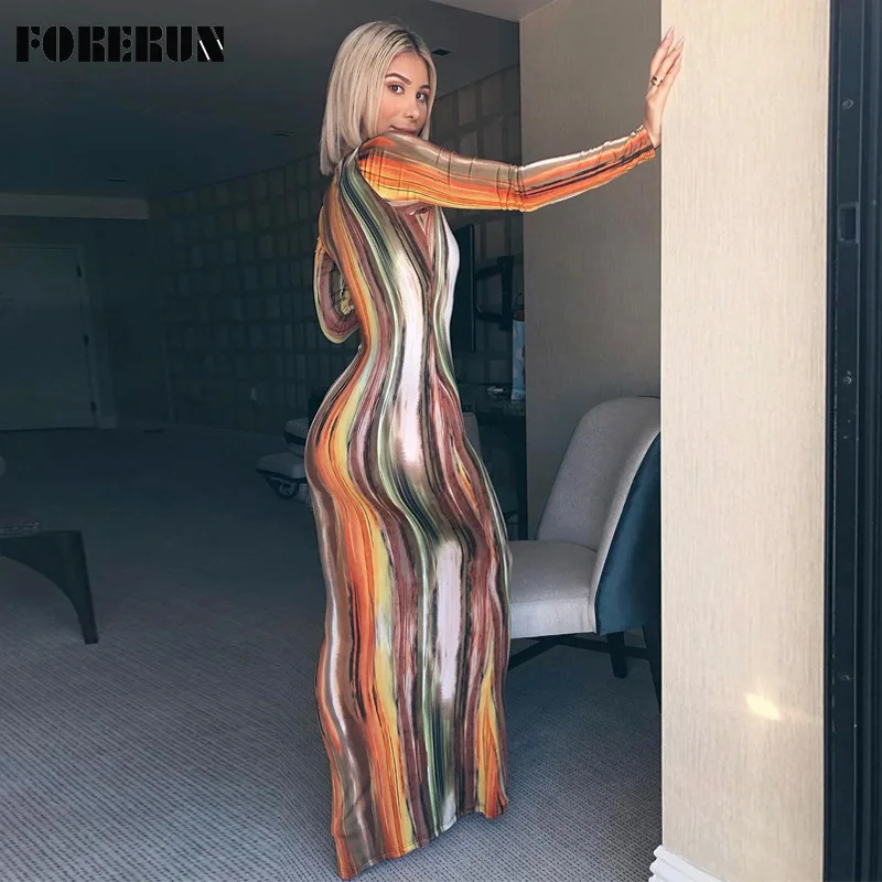

FORERUN Maxi Bodycon Dress Women Sexy Print Deep V Neck Long Sleeve Autumn Elegant Evening Party Dresses Robe Femme Sales!