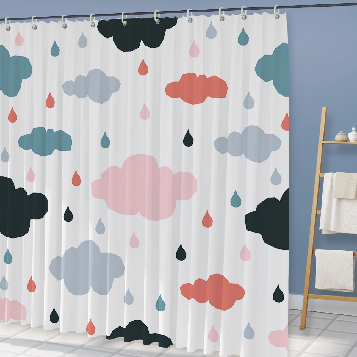 White Geometric Pattern Shower Curtain Bathroom Accessories Waterproof Duschvorhang Colorful Cloud Bed Bath Decor Curtains Hooks
