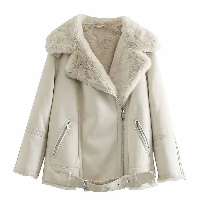 

Women beige fur faux leather jacket coat with belt turn down collar Ladies 2020 Winter Thick Warm Oversized Double-sided Coat