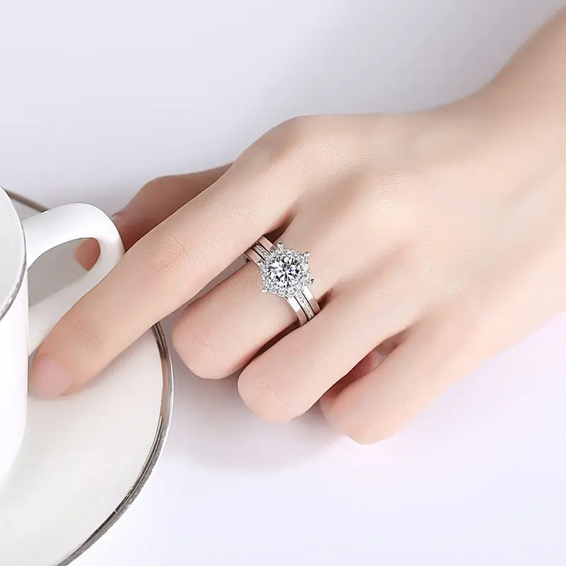 

Jazaz Fine Sparkling Real 1 Carat Moissanite Bridal Rings Set Top Quality 100% 925 Sterling Silver Wedding Party Gifts B0914