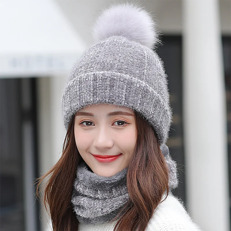Hat Scarf Set Winter Women Plus Velvet Thick Warm Outdoor Sport Chenille Knit Hat And Scarf Korean Female Beanies Caps F24810AD