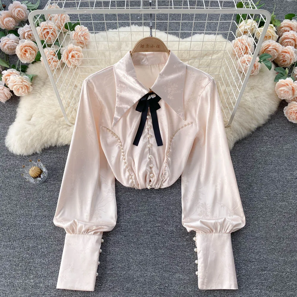 

pearl button up shirts women elegant french satin shirts lady lantern sleeve bead work tops vintage top