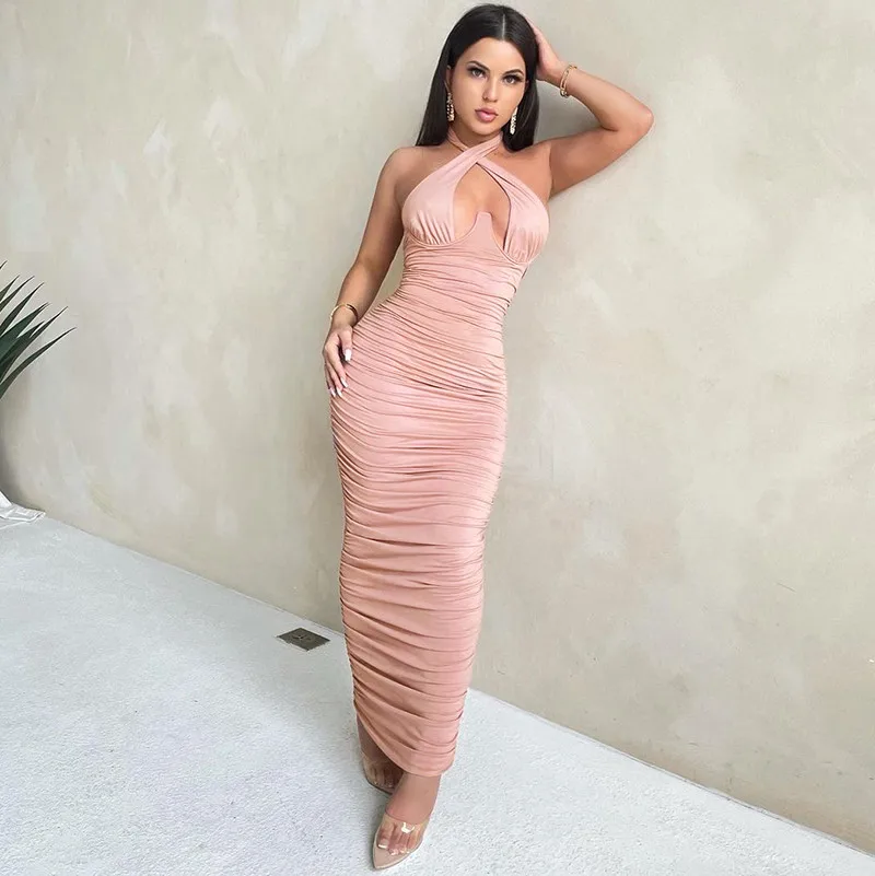 

Sexy Ladies Party Formal Bodycon Dress Summer Criss-cross Off Shoulder Cutout Backless Ruched Maxi Vestidos Women Clubwear