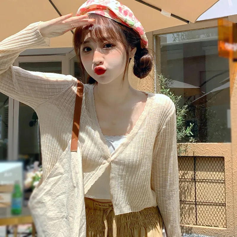 

Autumn Ultra-Thin Ice Silk Cardigan Cute Sweet Wave Outside Sun Faucet V-Neck Short Knitted Breathable Top