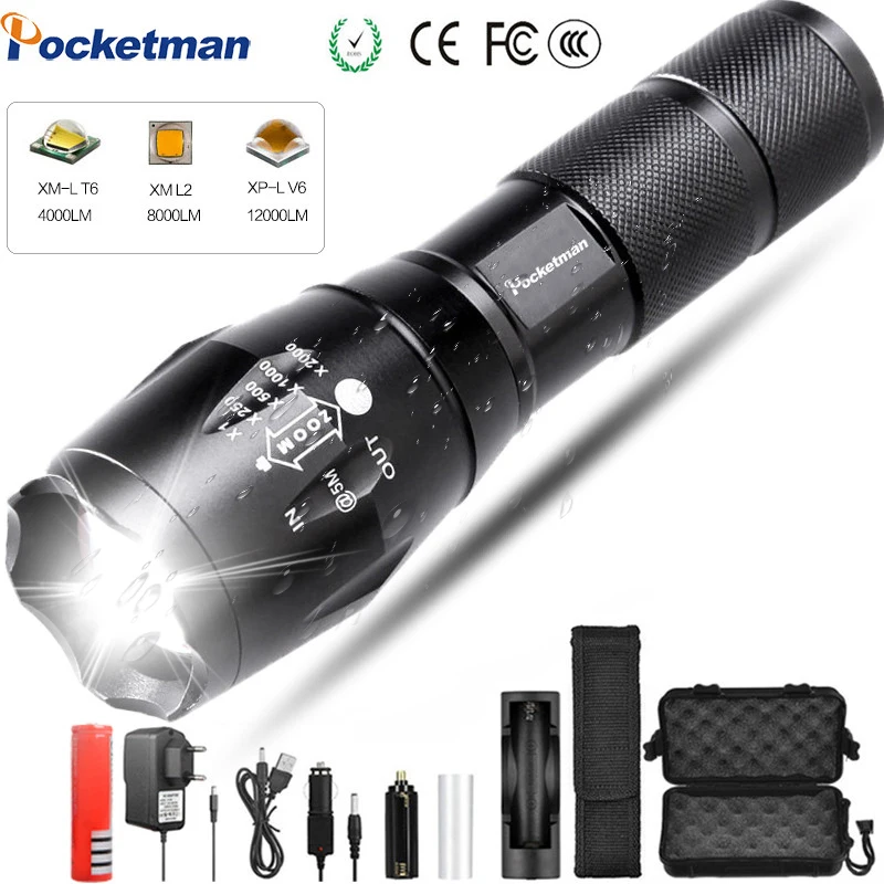 

Super Bright 19000 LM Led flashlight lantern led torch L2/V6 5 Switch Modes Zoomable Bicycle Light use 18650 battery Fish Camp