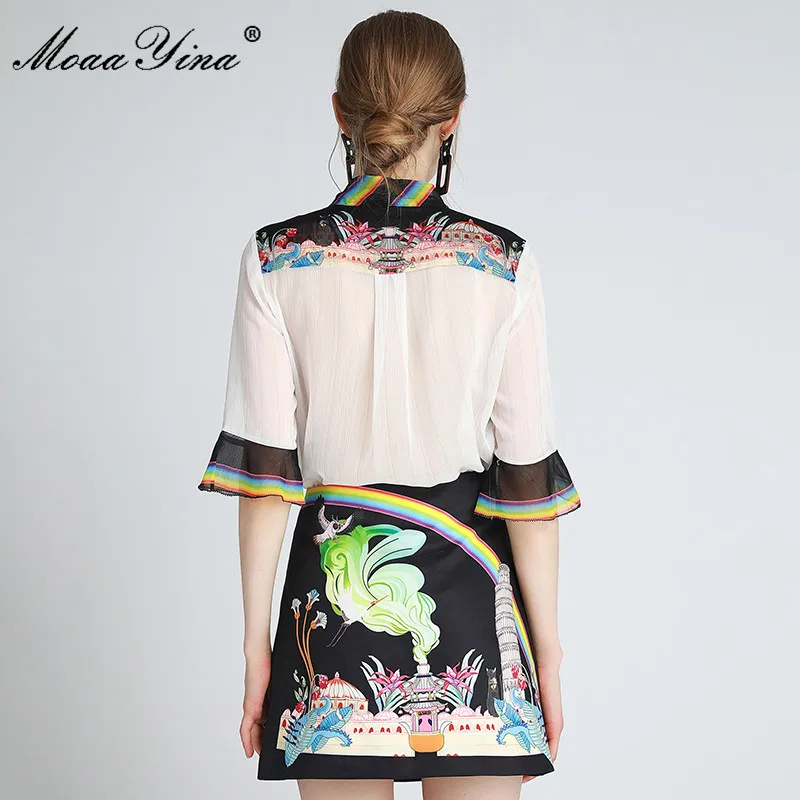 

MoaaYina Fashion Designer Set Spring Women 3/4 Sleeve Tops+Multicolor Print Beading Skirt Two-piece suit