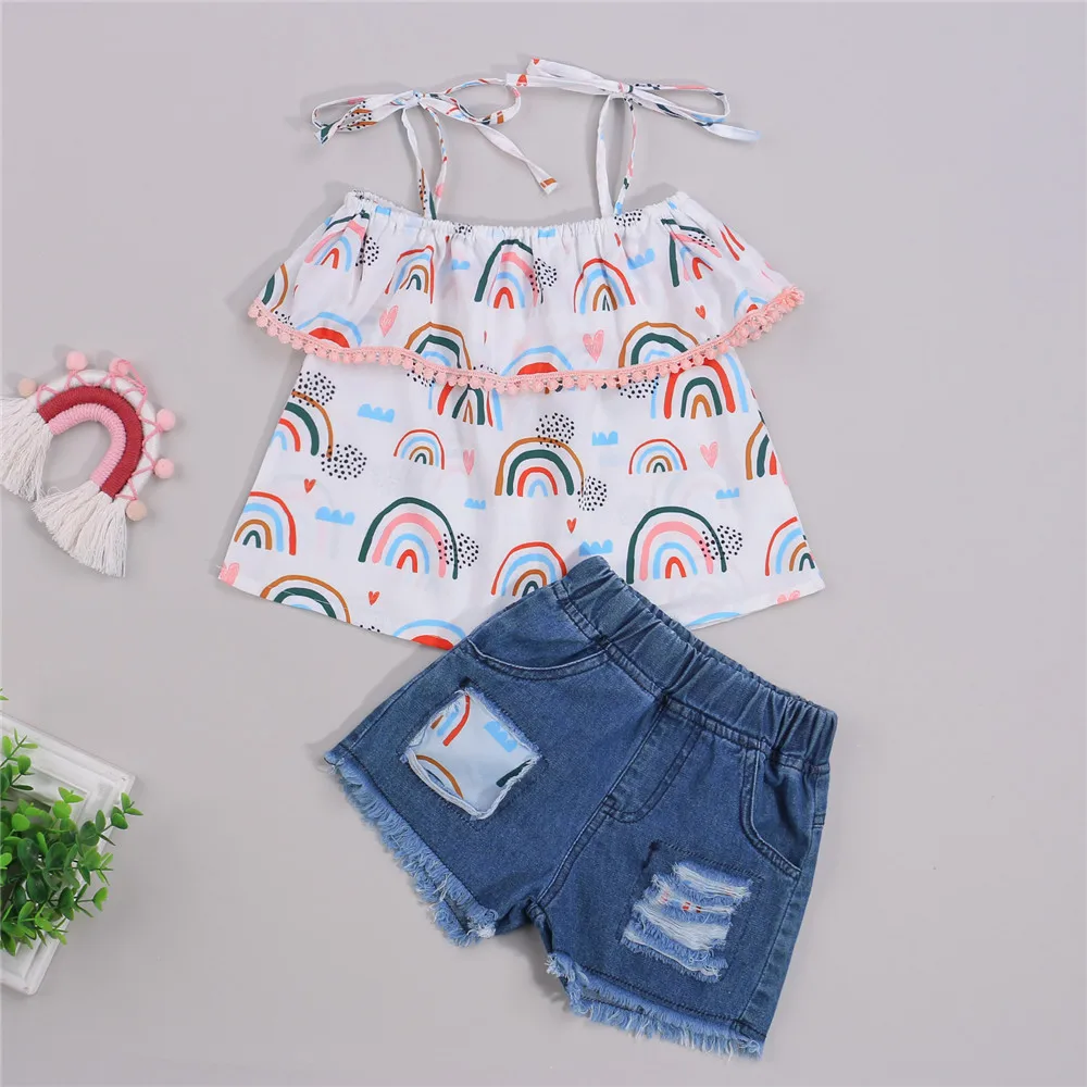 

Girls Clothes Set, Rainbow Print Off-shoulder Tie-up Tops with Tassels + Ripped Short Jeans Casual Wear Summer Clothing