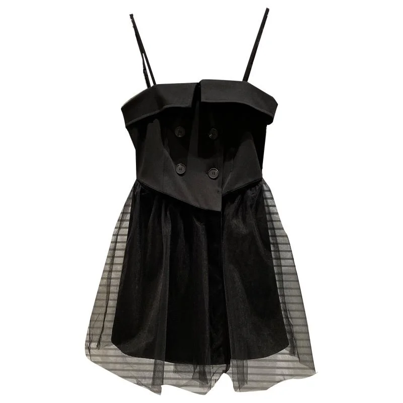

Double Breasted Waist Dress Women Sleeveless 2021 Summer New Small Fragrance Seal Adjustable Shoulder Strap Gauze Dress