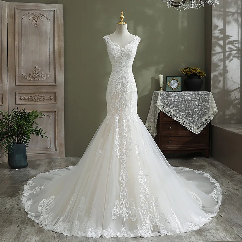 

Vestido De Noiva 2021 Luxury Real Photo Sexy V-neck Court Train Mermaid Wedding Dress Classsic Lace Embroidery Dresses