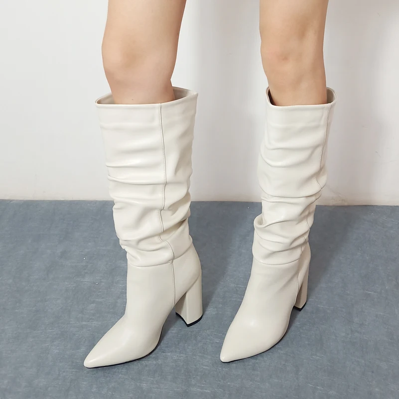 

ANNYMOLI Pleated Super High Heel Long Boots Knee-High Boots Women Shoes Pointed Toe Thick Heels Fashion Ladies Boots Winter 43