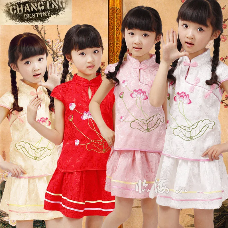 Традиционная китайская одежда для детей летнее платье с вышивкой комплект