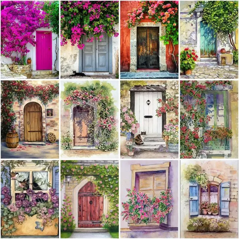 GATYZTORY Pictures By Number Flowers Door Landscape Kits Painting By Numbers Drawing On Canvas Handpainted Art Gift Home Decor